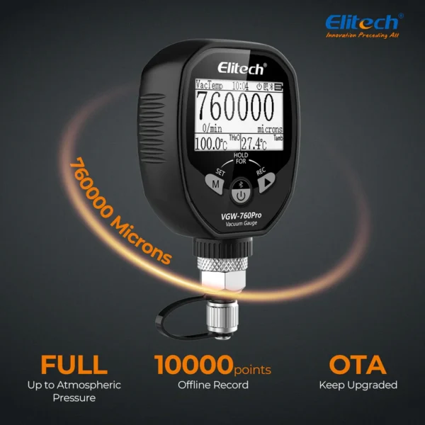 elitech full range micron gauge wireless digital vacuum gauge with adaptor pressure tester meter hvac alarms via app offline recording 14 sae vgw 760proelitech 374125 800x800